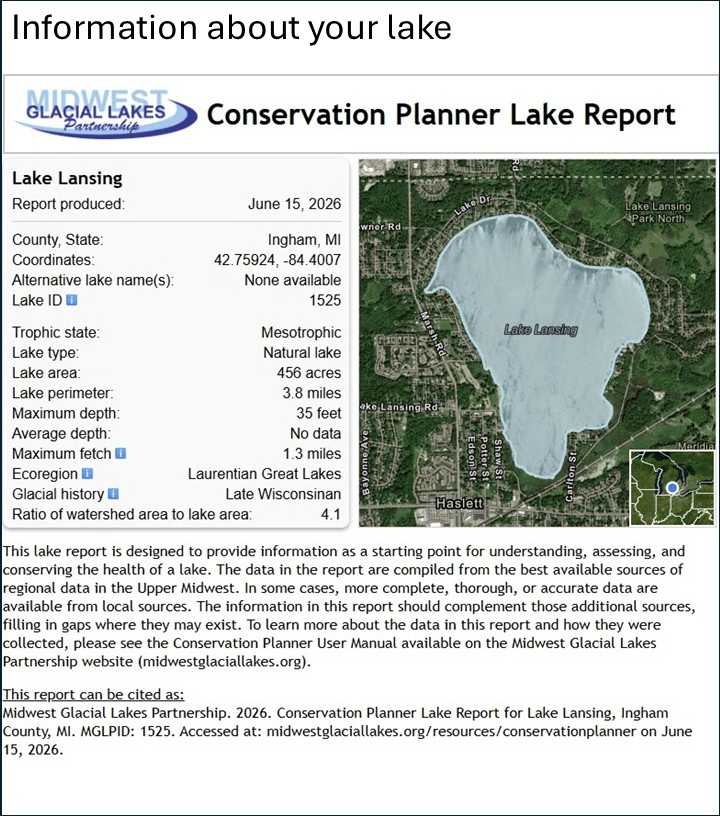 A GIF showing example images and text from the Conservation Planner Lake Report.